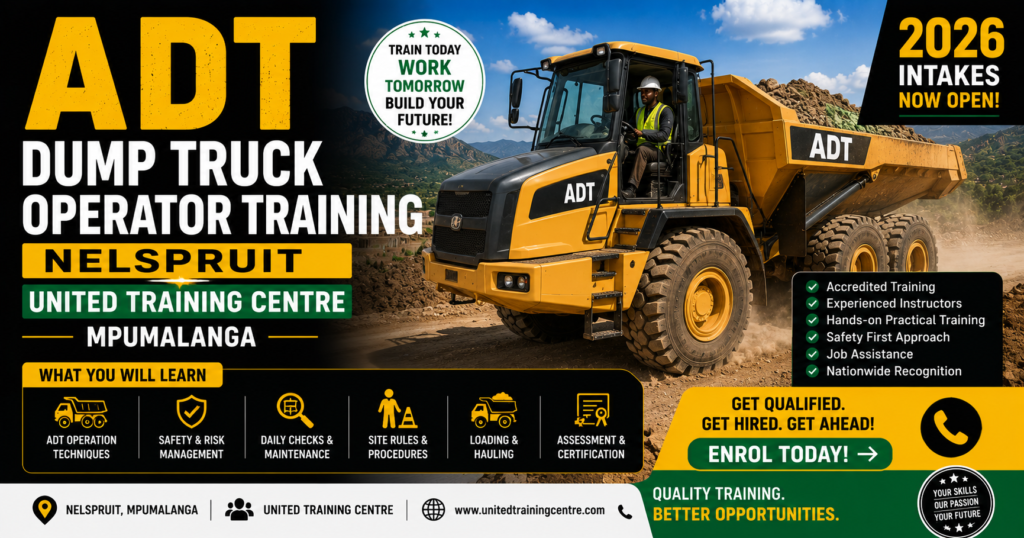 ADT dump truck operator training Nelspruit United Training Centre Mpumalanga 2026